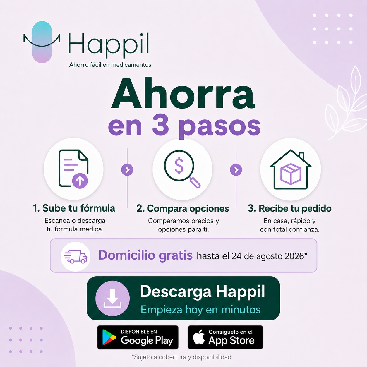 Pieza visual de Happil sobre el proceso en tres pasos