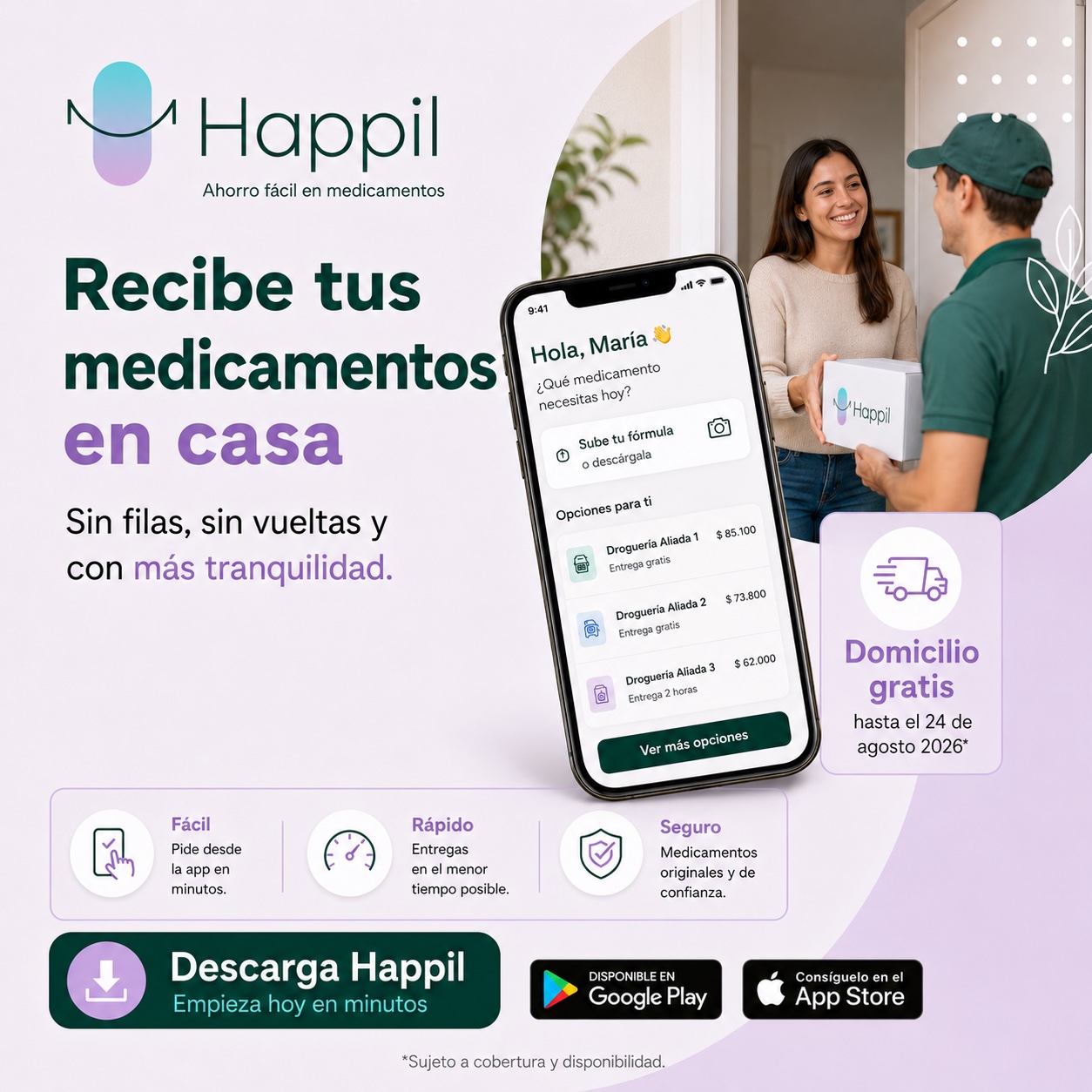 Pieza visual de Happil sobre recibir medicamentos en casa