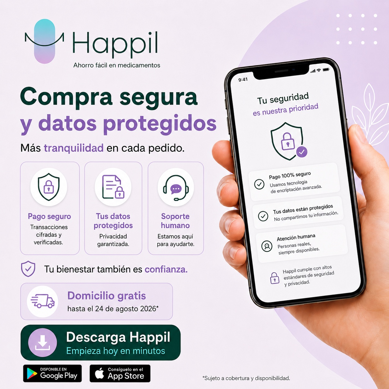 Pieza visual de Happil sobre compra segura y datos protegidos